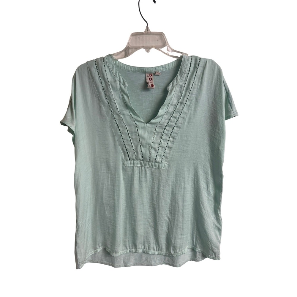 Dolan Anthropologie Mint Green Ladder Stitch Split V-Neck Top Boho Size S